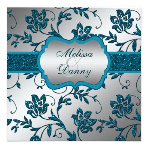 Silver Teal FAUX Glitter Floral Engagement Party Custom Invites
