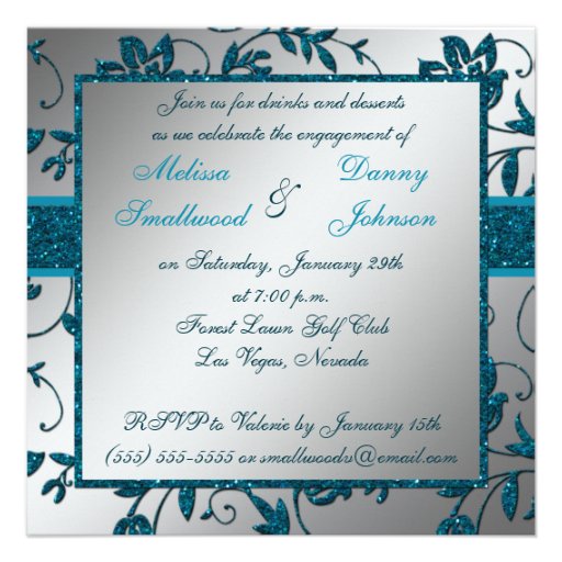 Silver Teal FAUX Glitter Floral Engagement Party Custom Invites