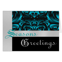 Silver Teal Foil Damask Christmas Holiday Card