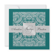 Silver & Teal Monogram Damask Border Invitation