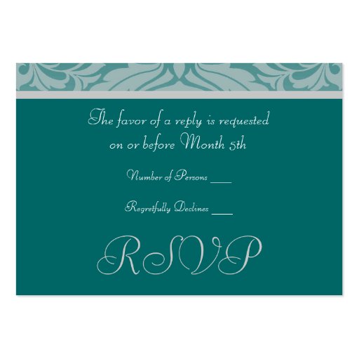 Silver & Teal Monogram Damask Wedding RSVP Card Business Card Template (back side)