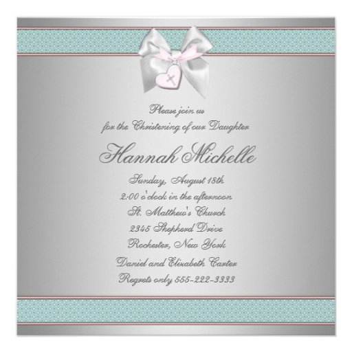 Silver Teal Pink Girls Christening Custom Announcement