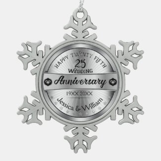 Silver & Text Design 25th Wedding Anniversary Snowflake Pewter Christmas Ornament