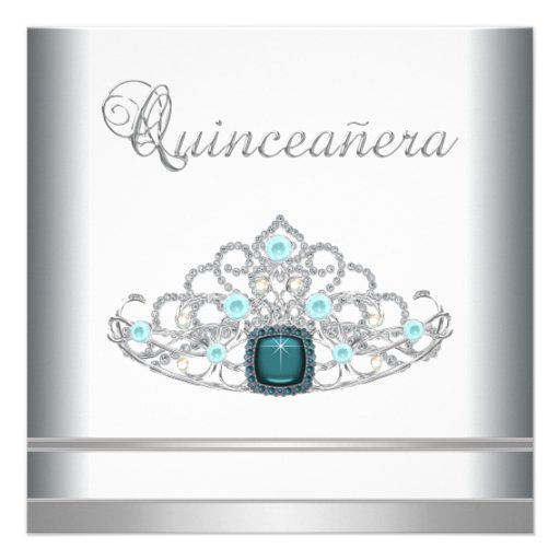 Silver Tiara Teal Blue Quinceanera Announcements