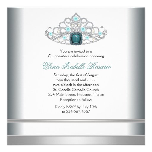 Silver Tiara Teal Blue Quinceanera Announcements