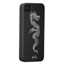 Silver Tribal Dragon with Faux Carbon Fiber iPhone 4 Cover