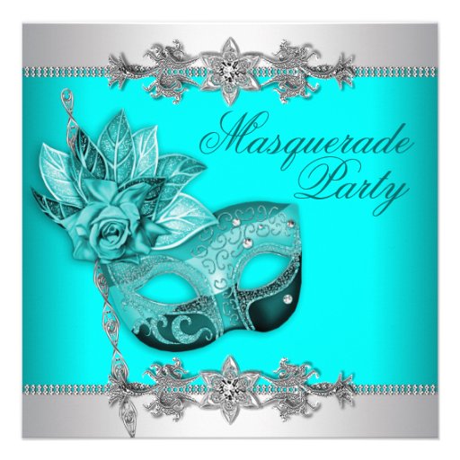 Silver Turquoise Blue Masquerade Party Invitations (front side)