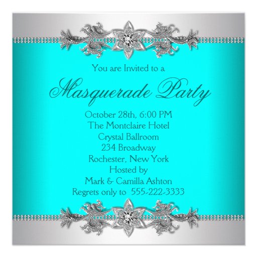 Silver Turquoise Blue Masquerade Party Invitations