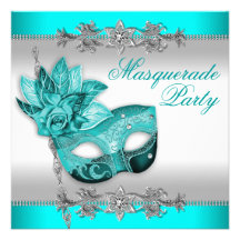 Silver Turquoise Blue Masquerade Party Invitations