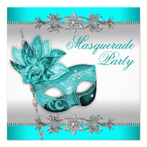 Silver Turquoise Blue Masquerade Party Invitations (front side)