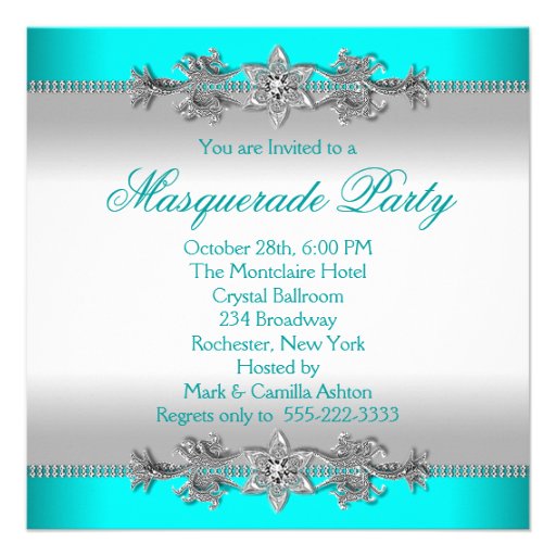 Silver Turquoise Blue Masquerade Party Invitations