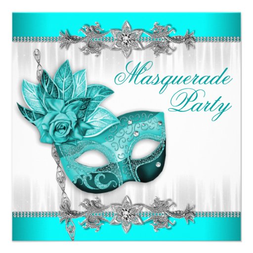 Silver Turquoise Blue Masquerade Party Invitations