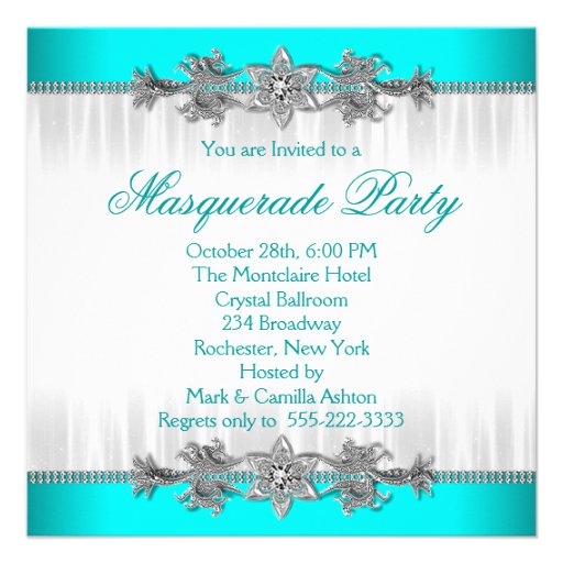 Silver Turquoise Blue Masquerade Party Invitations
