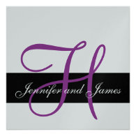 Silver Wedding Invitation Monogram H Names Purple