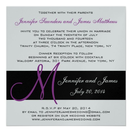 Silver Wedding Invitation Monogram Names Purple