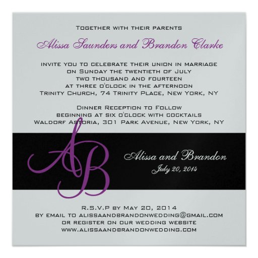 Silver Wedding Invitation Monograms Names Purple