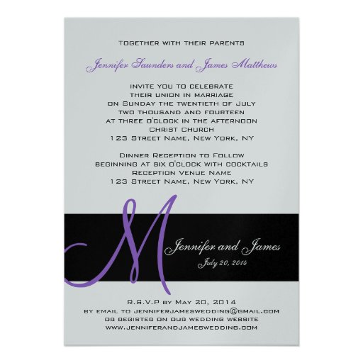 Silver Wedding Invitation Purple Monogram Names