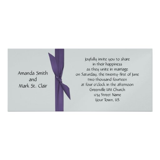 Silver Wedding Invitation with Purple Ribbon