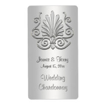 Silver White Art Deco Damask Party Wine Label 2