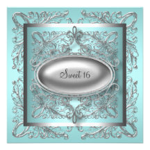 Silver White Teal Blue Sweet 16 Birthday Party Personalized Announcement