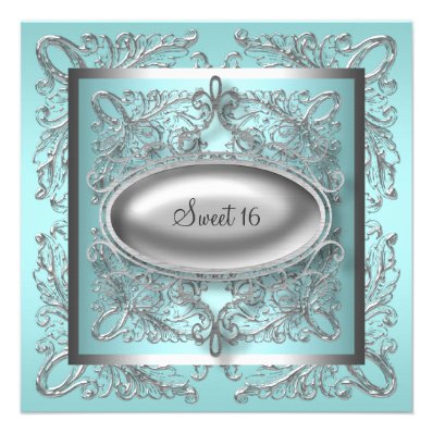 Silver White Teal Blue Sweet 16 Birthday Party Personalized Announcement