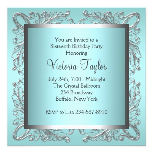 Silver White Teal Blue Sweet 16 Birthday Party Personalized Announcement