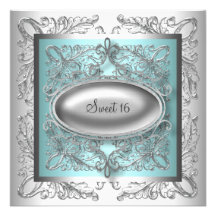 Silver White Teal Blue Sweet 16 Party Personalized Invites