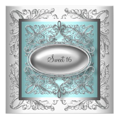 Silver White Teal Blue Sweet 16 Party Personalized Invites