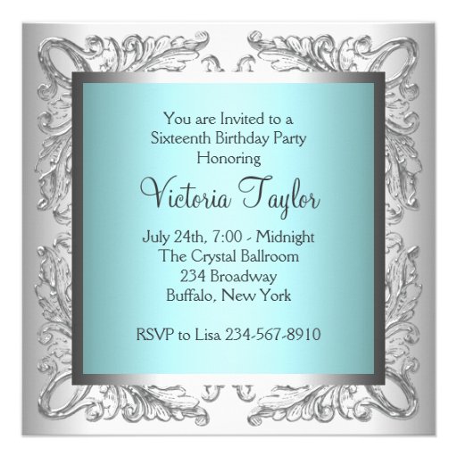 Silver White Teal Blue Sweet 16 Party Personalized Invites