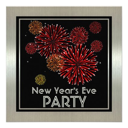Silver with Red Fireworks New Years Party Custom Invite
