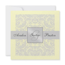 Silver & Yellow Monogram Damask Border Invitation