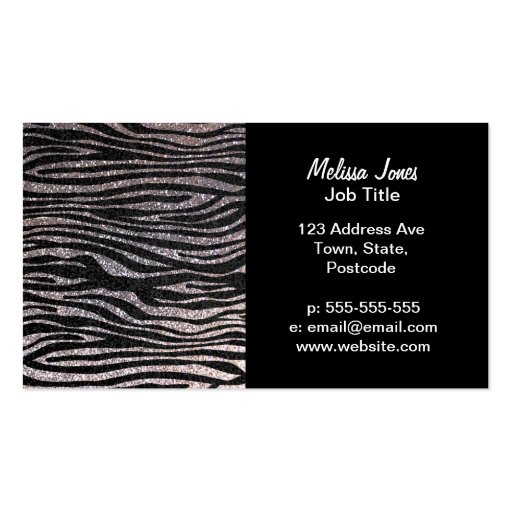 Silver zebra stripe pattern (faux glitter bling) business card template (front side)