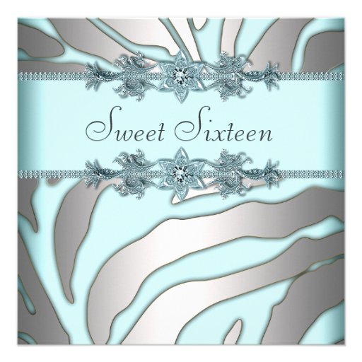 Silver Zebra Teal Blue Sweet 16 Birthday Party Custom Invitations