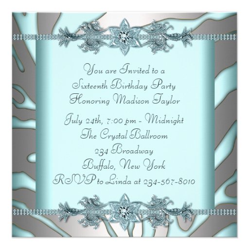 Silver Zebra Teal Blue Sweet 16 Birthday Party Custom Invitations