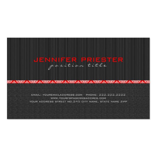 Simple Black & Red Stripes & LinenTexture Business Card Template (back side)