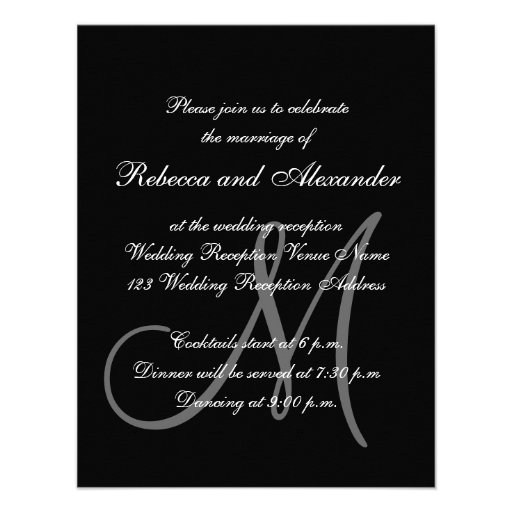 Simple Black, White Initial Wedding Reception Card Invitations
