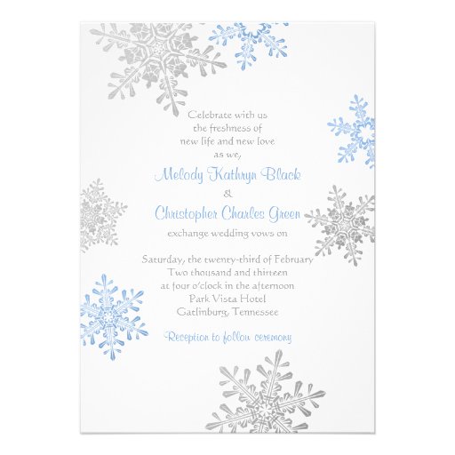 Simple Blue Silver Snowflake Winter Wedding Custom Invites