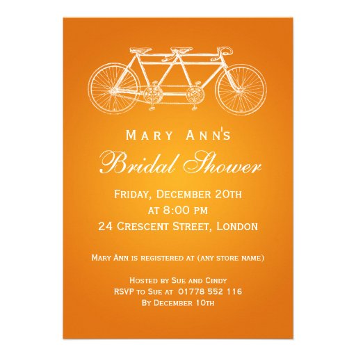Simple Bridal Shower Tandem Bike Orange Custom Announcements