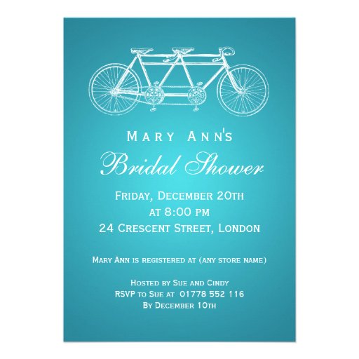 Simple Bridal Shower Tandem Bike Turquoise Custom Announcements