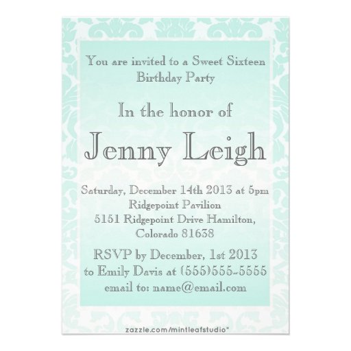 Simple Chic Mint Damask Birthday Party Invitation