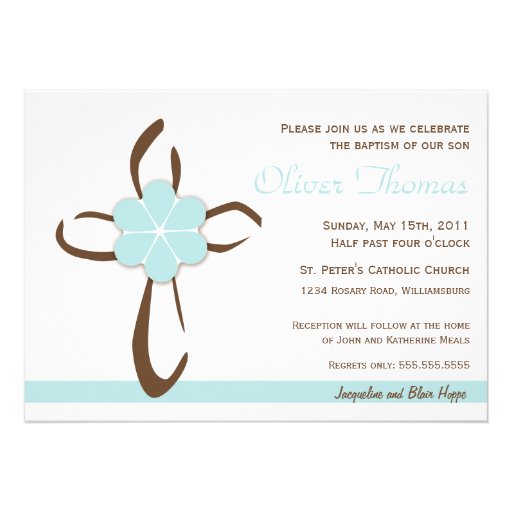 Simple Contemporary Cross with Blue Flower Personalized Announcements