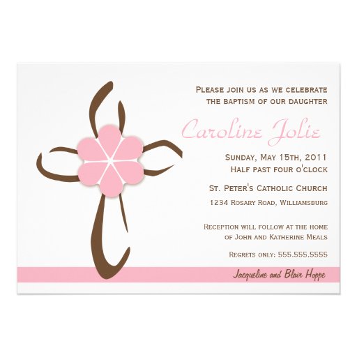 Simple Contemporary Cross with Pink Flower Custom Invitation