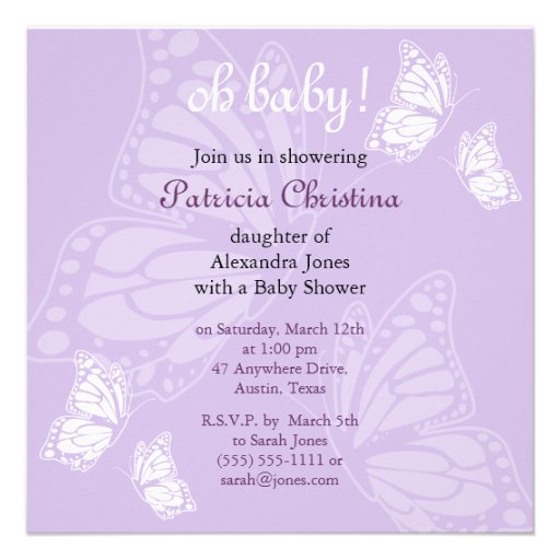 Simple Delicate Butterfly Purple Baby Shower Party Custom Announcement