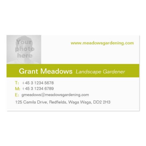 Simple green/white photo green back business card (front side)