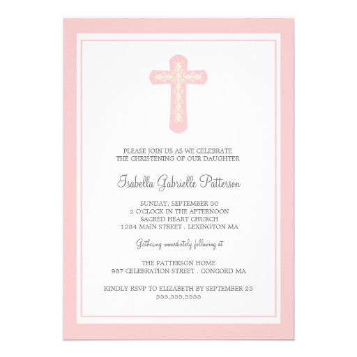 Simple Holy Cross Pink Girl Christening Invitation (front side)