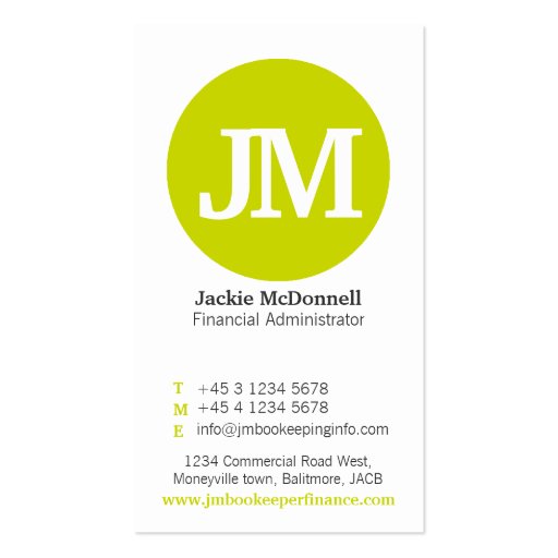 Simple lime, grey & white circle business card (front side)