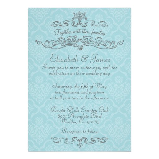 Simple Luxury Blue Damask Wedding Invitations