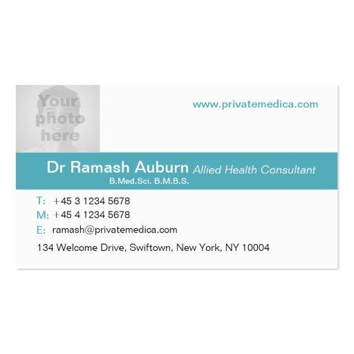 Simple medical teal/white photo business card (front side)