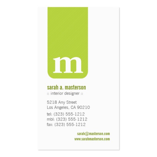 Simple Monogram Designer Business Card (lime) (front side)