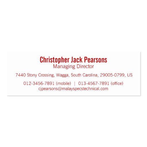 Simple professional red white skinny business card (back side)